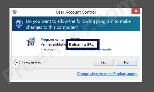 Screenshot where Balsamiq SRL appears as the verified publisher in the UAC dialog